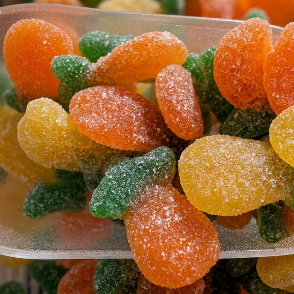 Close-up of colorful sugar-coated orange, yellow, and green gummy candies piled in a clear glass dish.